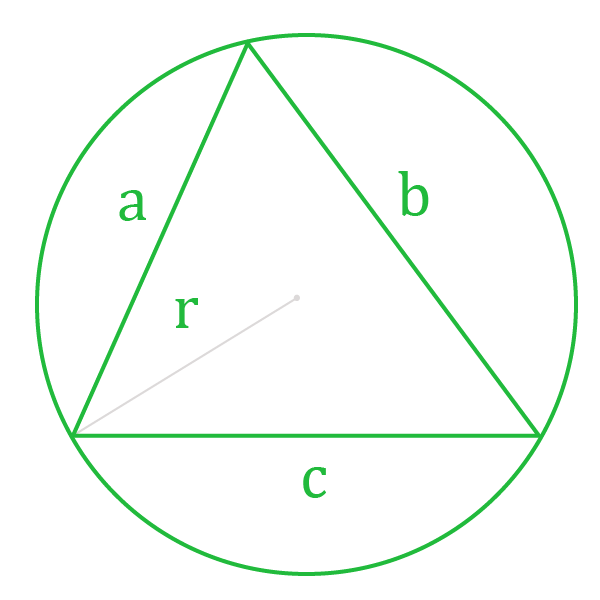 Нахождение площади треугольника через радиус описанной окружности и три стороны.